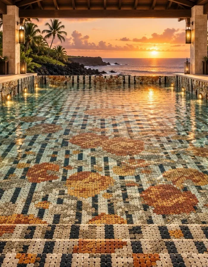 Mosaic-lined oceanfront swimming pool at sunset